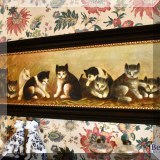 A06. Framed folk art style cat painting. Singed J. Foley. Canvas: 10”h x 36”w